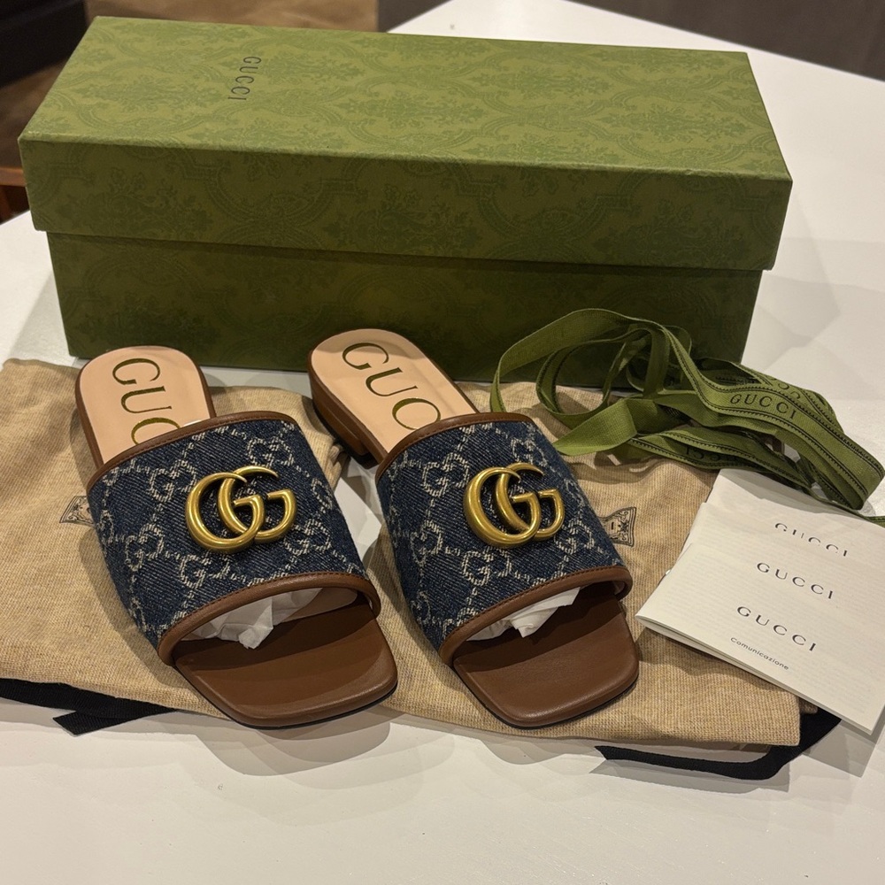 NIB Gucci Jolie Denim and Leather Slides/Sandals never worn!!!